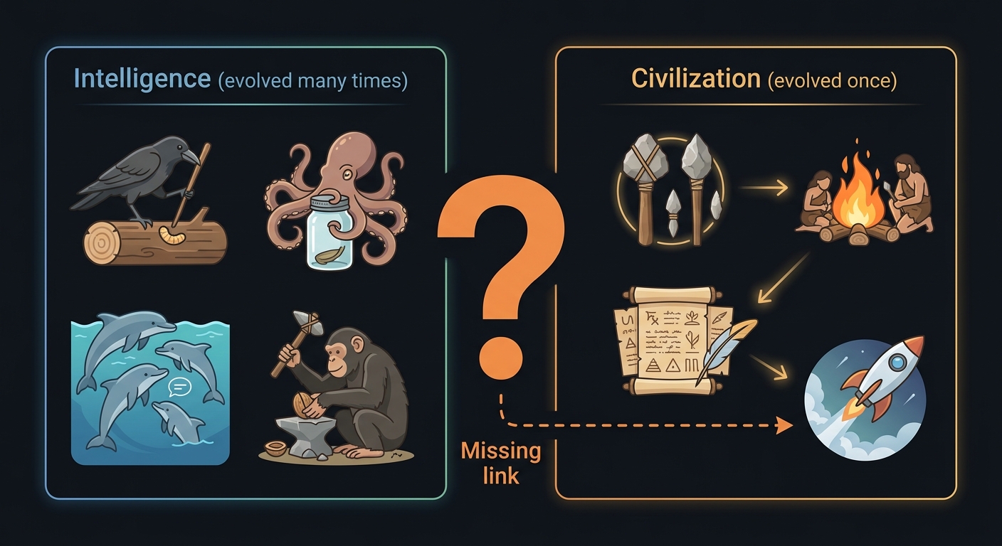 Intelligence evolved many times, civilization only once β what's the missing link?