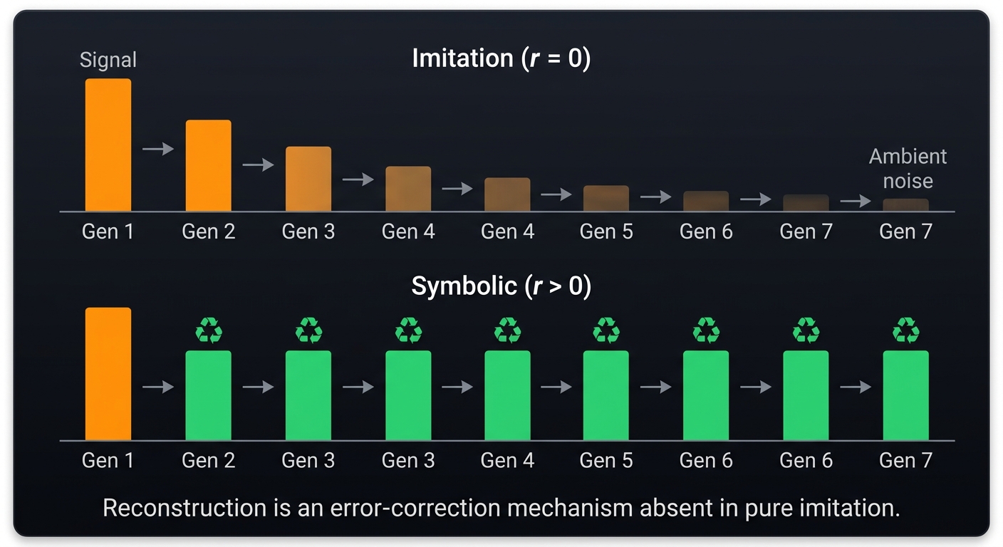 Reconstruction is an error-correction mechanism absent in pure imitation.