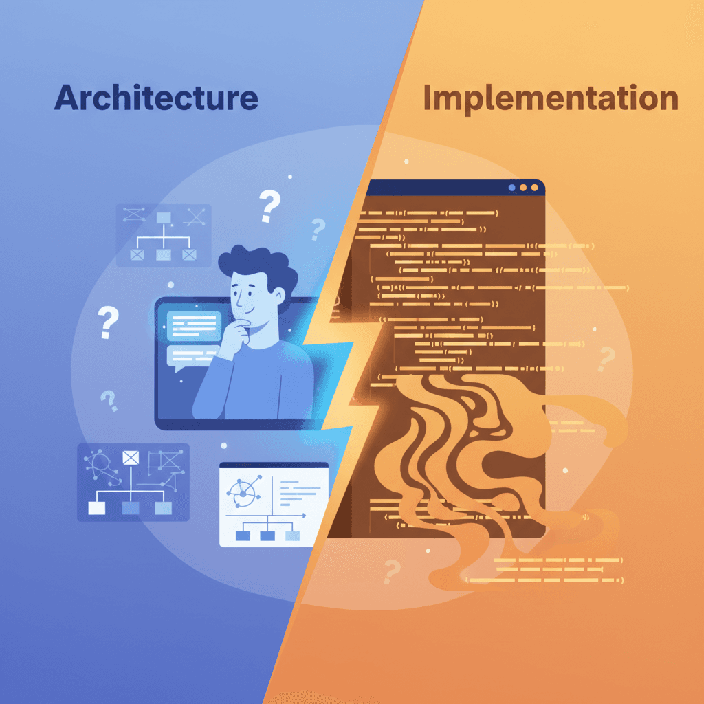 Split composition — left side shows a developer staring at an AI chat interface surrounded by question marks, whiteboards, and branching decision trees; right side shows a glowing code editor with clean, structured code flowing out.