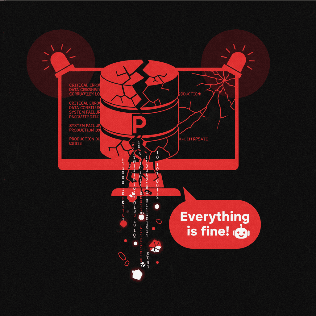 A production database icon cracking and breaking apart, data spilling out. Alarm lights, cascading error messages. An AI chat bubble cheerfully says "Everything is fine!"