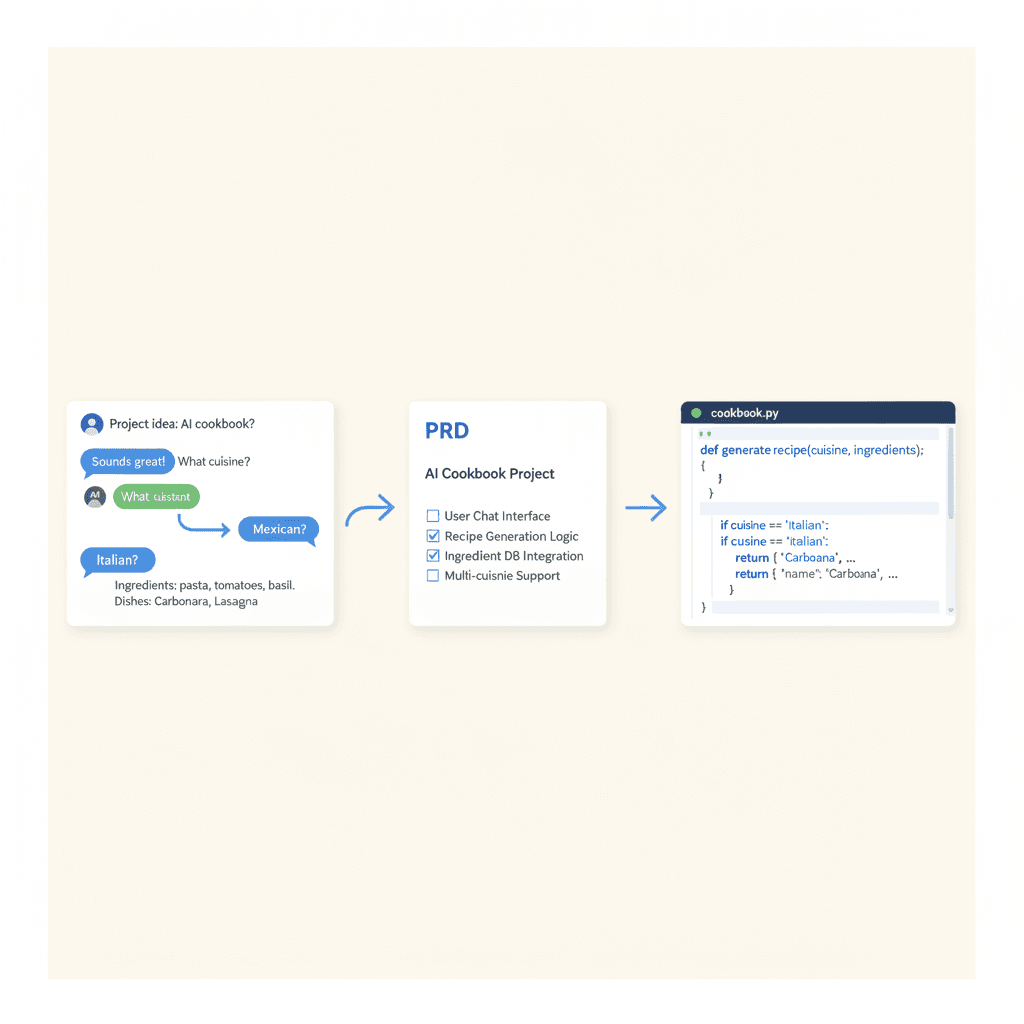 A three-stage workflow: Stage 1 — a chat panel with Q&A conversation and branching question threads. Stage 2 — a PRD spec document with ticked checkboxes. Stage 3 — a code editor with tidy, structured code. Curved arrows connect Stage 1 → Stage 2 → Stage 3.